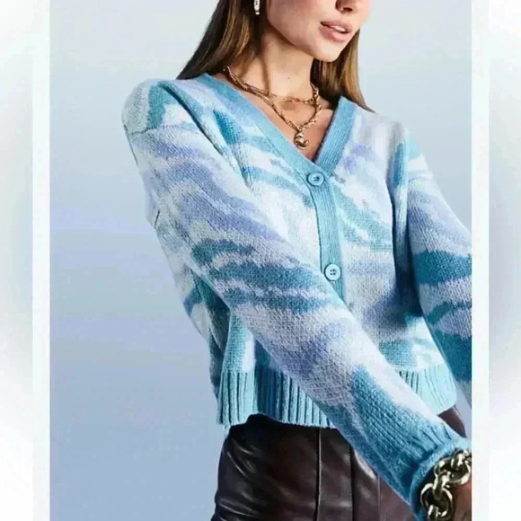 NWOT ASOS Design Swirl Pattern Button Front Cropped Blue Cardigan Size 10 Medium - Picture 1 of 8